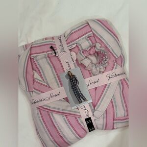 Victoria's Secret Pink, White & Silver Striped Pajama Set with Scrunchie